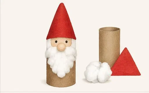 En liten nisse laget av en dorull og en rød lue