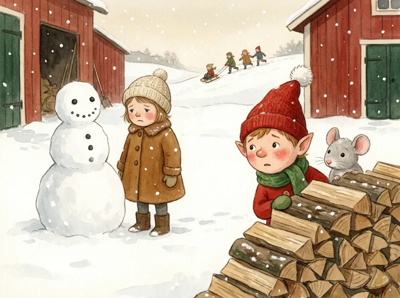 Albert og Pim ved vedhaugen med Lina og en snømann på gården