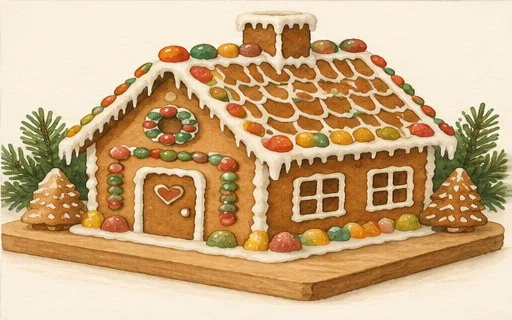 Illustrasjon av pepperkakehus av ferdige deler
